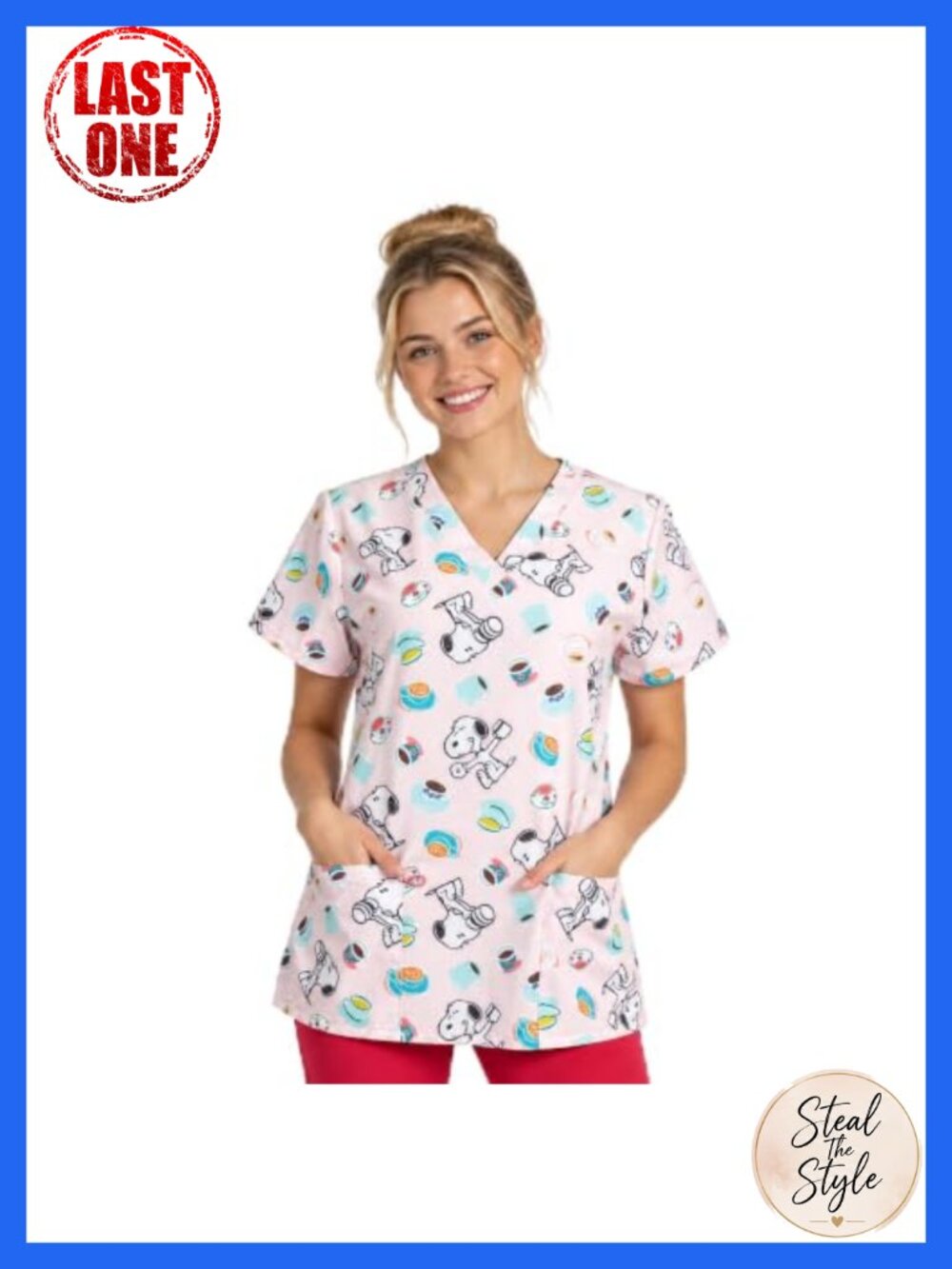 Peanuts Snoopy Womens Scrub Top V-Neck Short Sleeve Pockets Medical Uniform